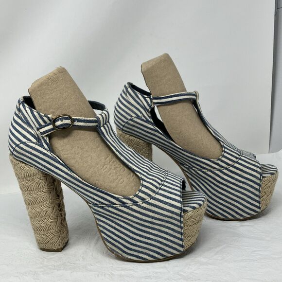 Jeffrey Campbell Foxy Platform Sandals Heels Nautical Blue White Striped Sz 6.5 - Picture 1 of 15